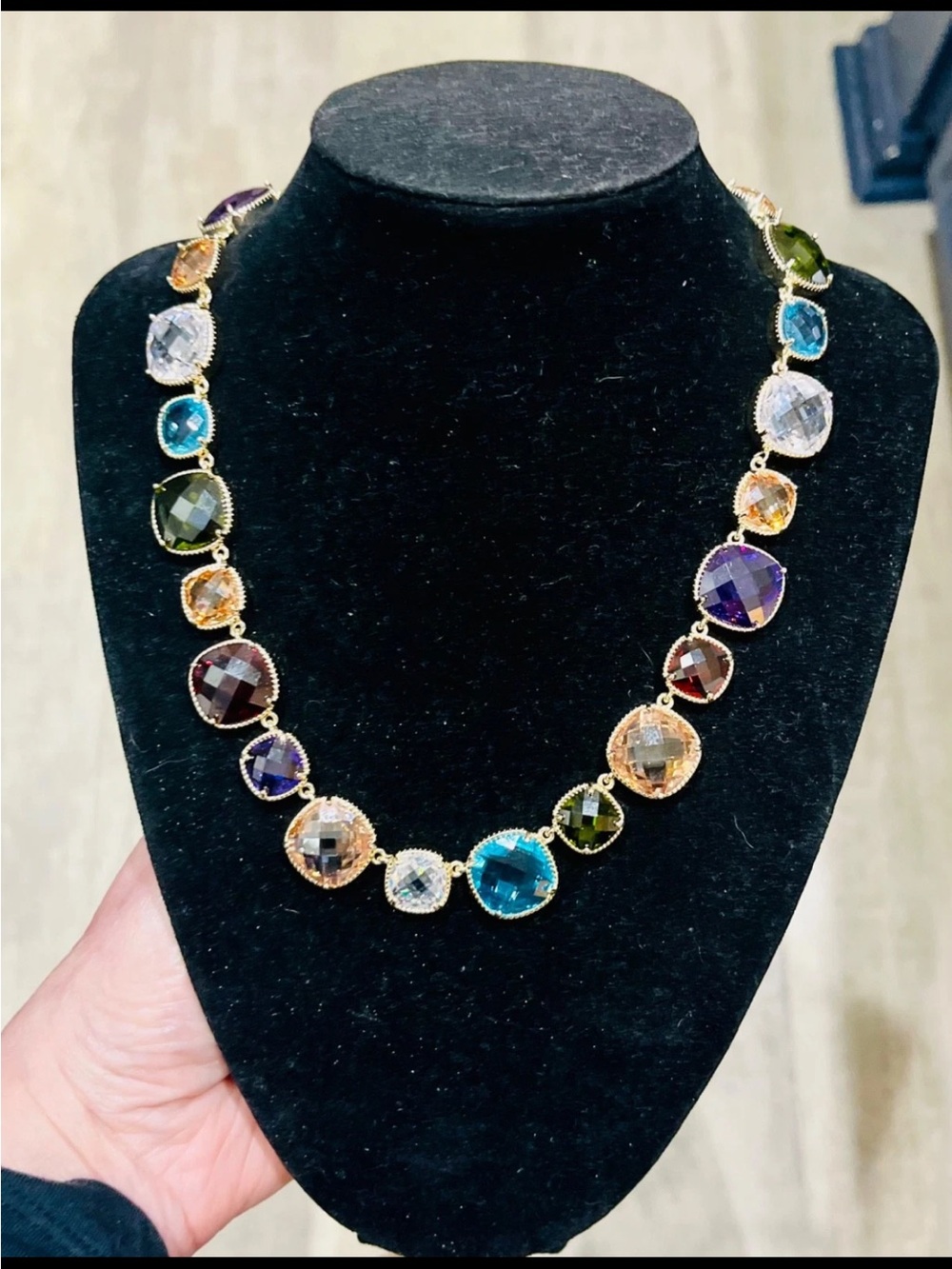 Vintage Gold Tone Multicolor Checkerboard Cubic Zirconia Station Necklace READ… - Picture 6 of 12